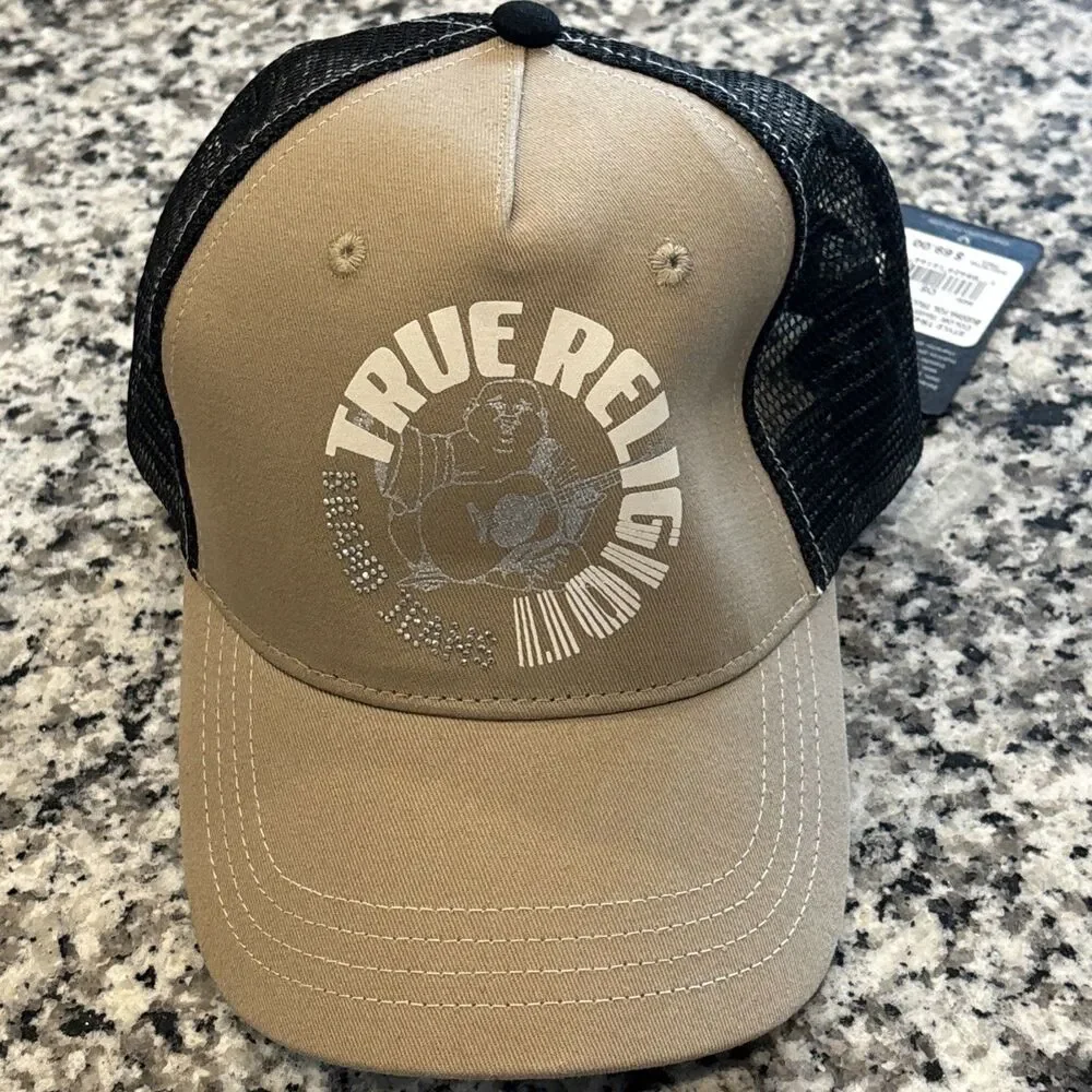 True Religion Buddha Trucker Hat Travertine Black Adjustable Mesh Back Men